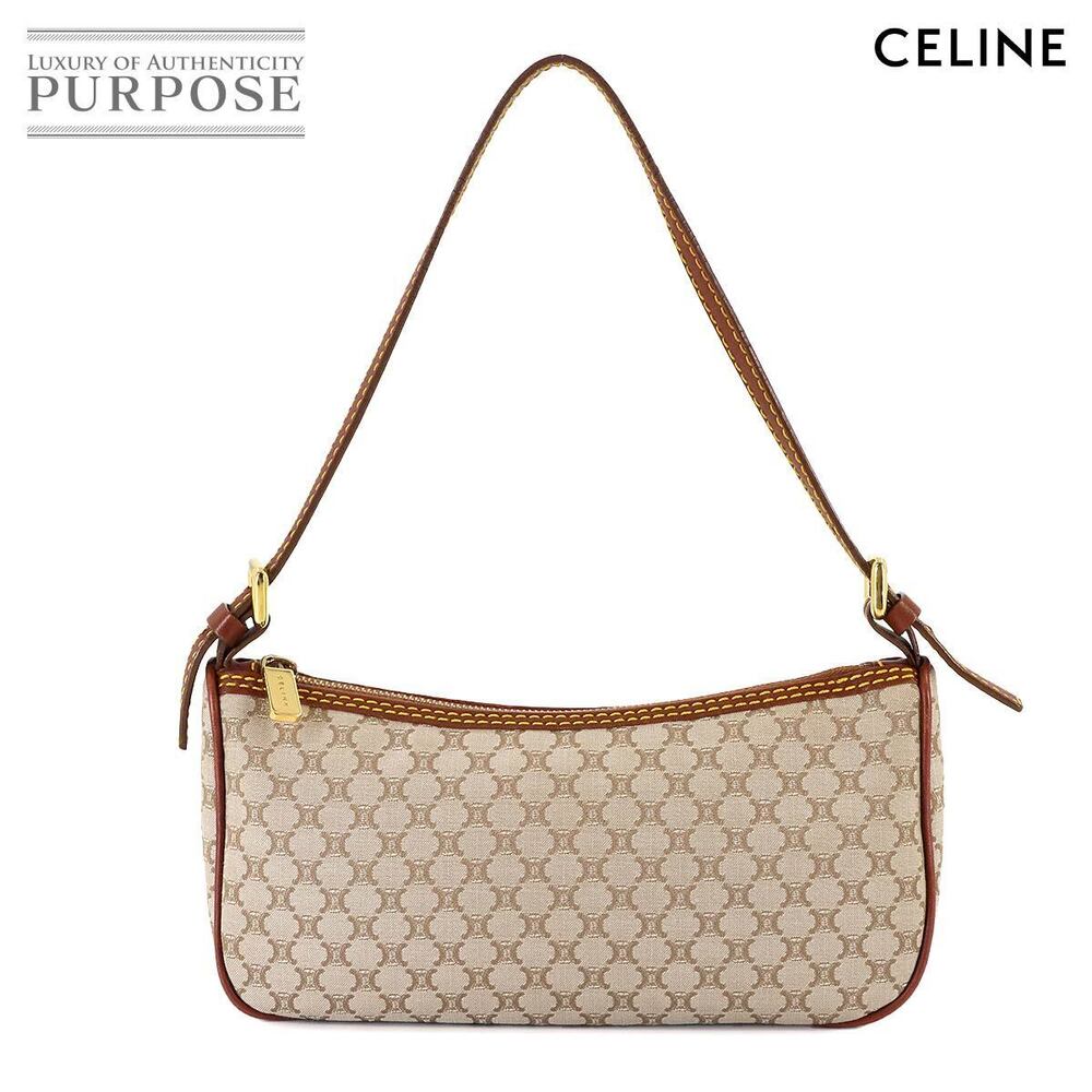 Celine Macadam Handbag Canvas Leather Beige Brown